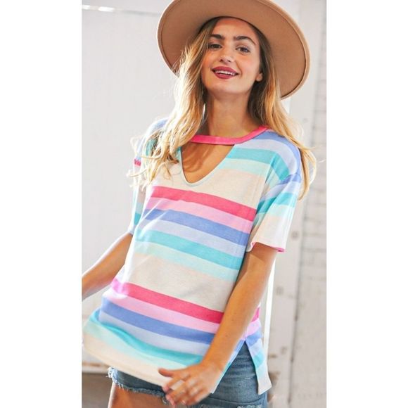 Fuchsia Blue Multi Color Stripe Key Hole Top - Picture 2 of 7